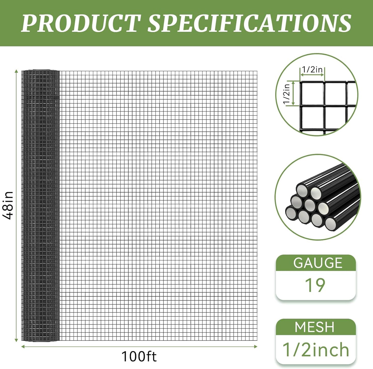 Tela malla 1/2pulg 48x100pies alambre pollo PVC protector árboles
