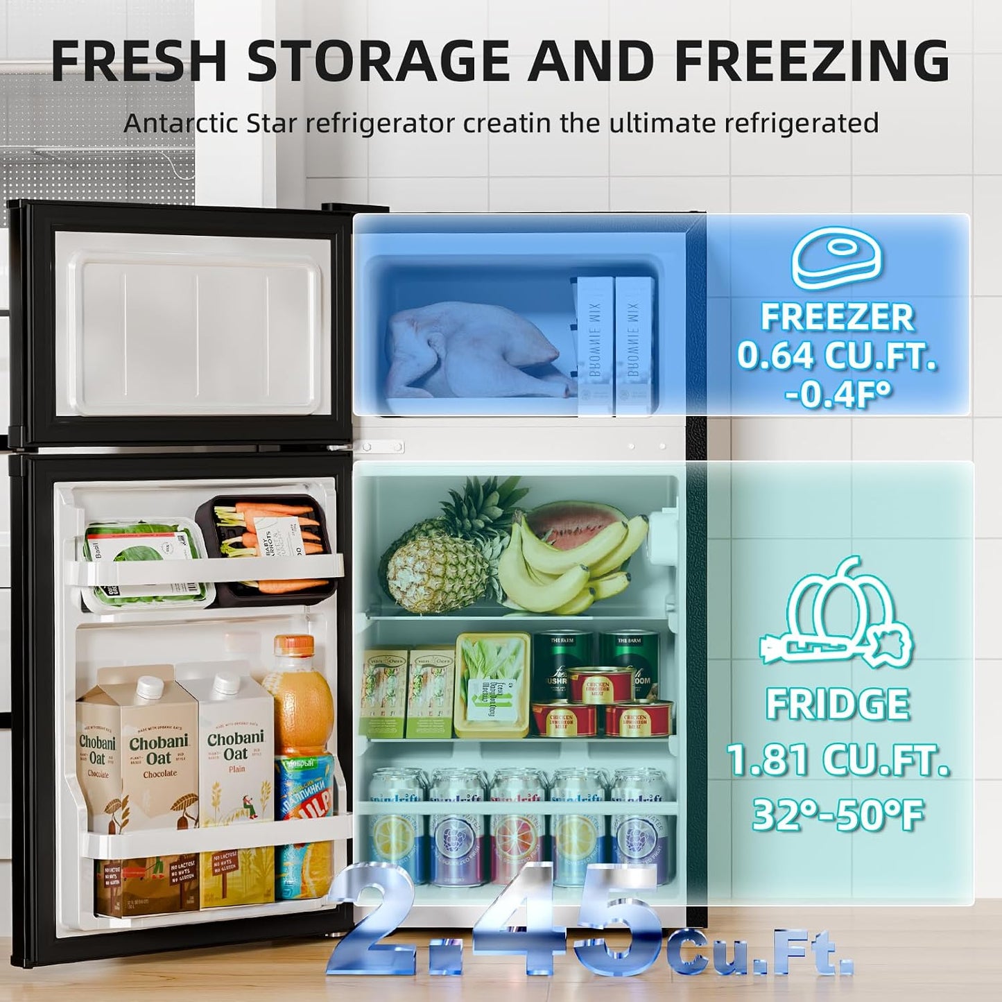 Mini refrigerador doble puerta 2.45pies3 termostato ajustable