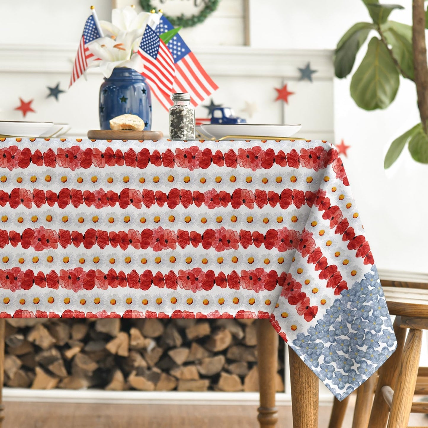Mantel rectangular patriótico 60 x 84 pulgadas bandera floral rojo azul