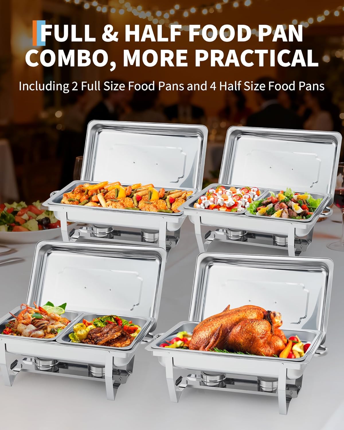 Set 4 Chafer Acero Inox con Tapas y 6 Charolas Rectangulares
