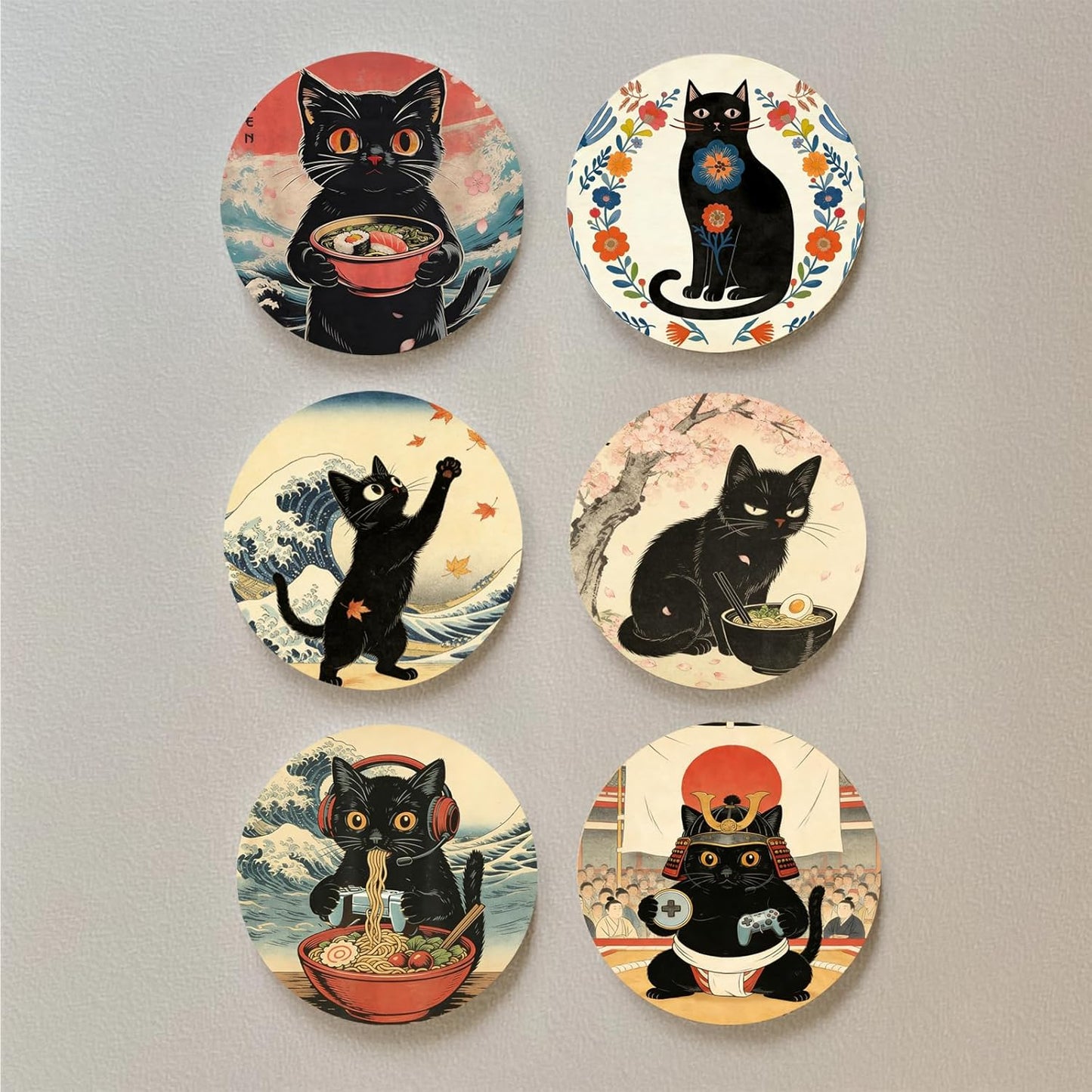 Juego de 6 posavasos con soporte de corcho absorbente gato ninja japonés anime
