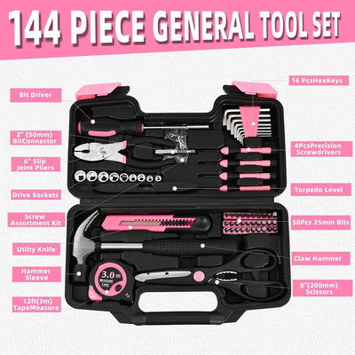 Kit 144 Pzas herramientas básicas reparación hogar color rosa
