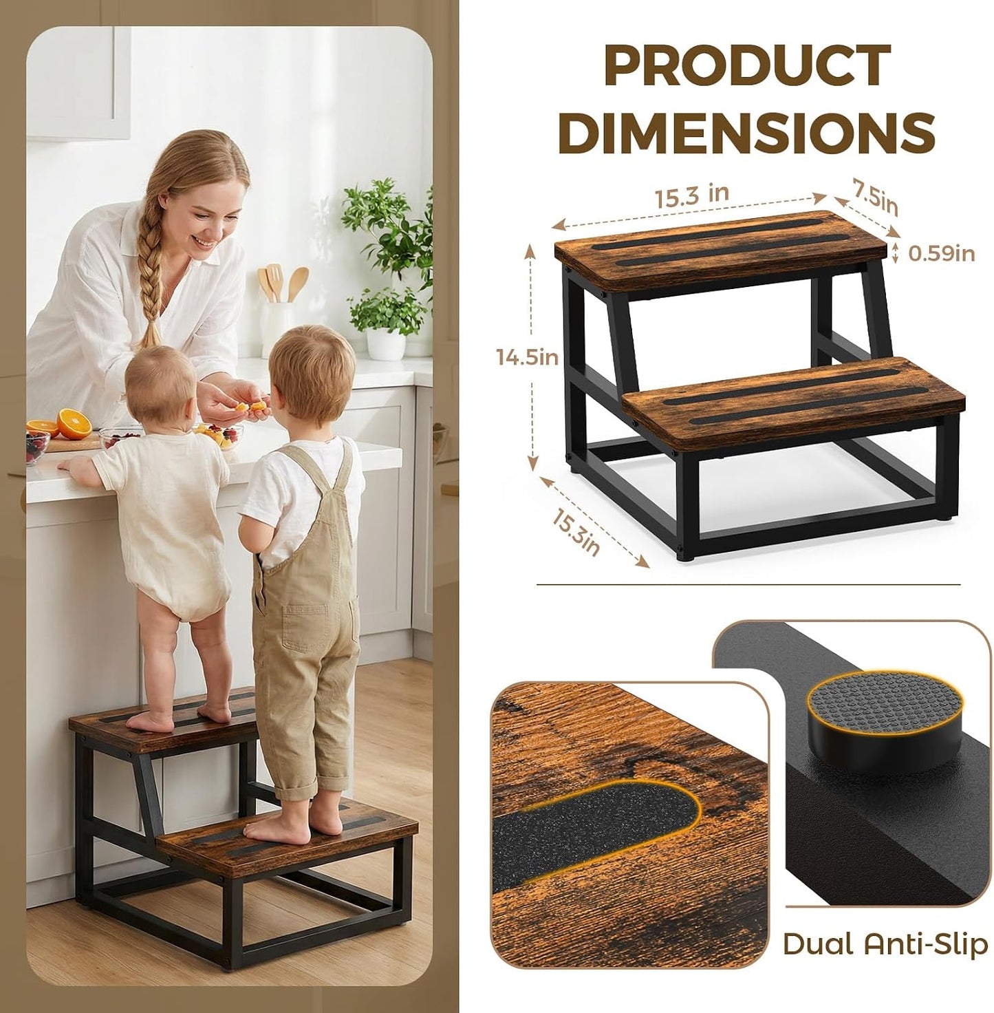 Taburete madera 2 escalones para cocina hogar baño