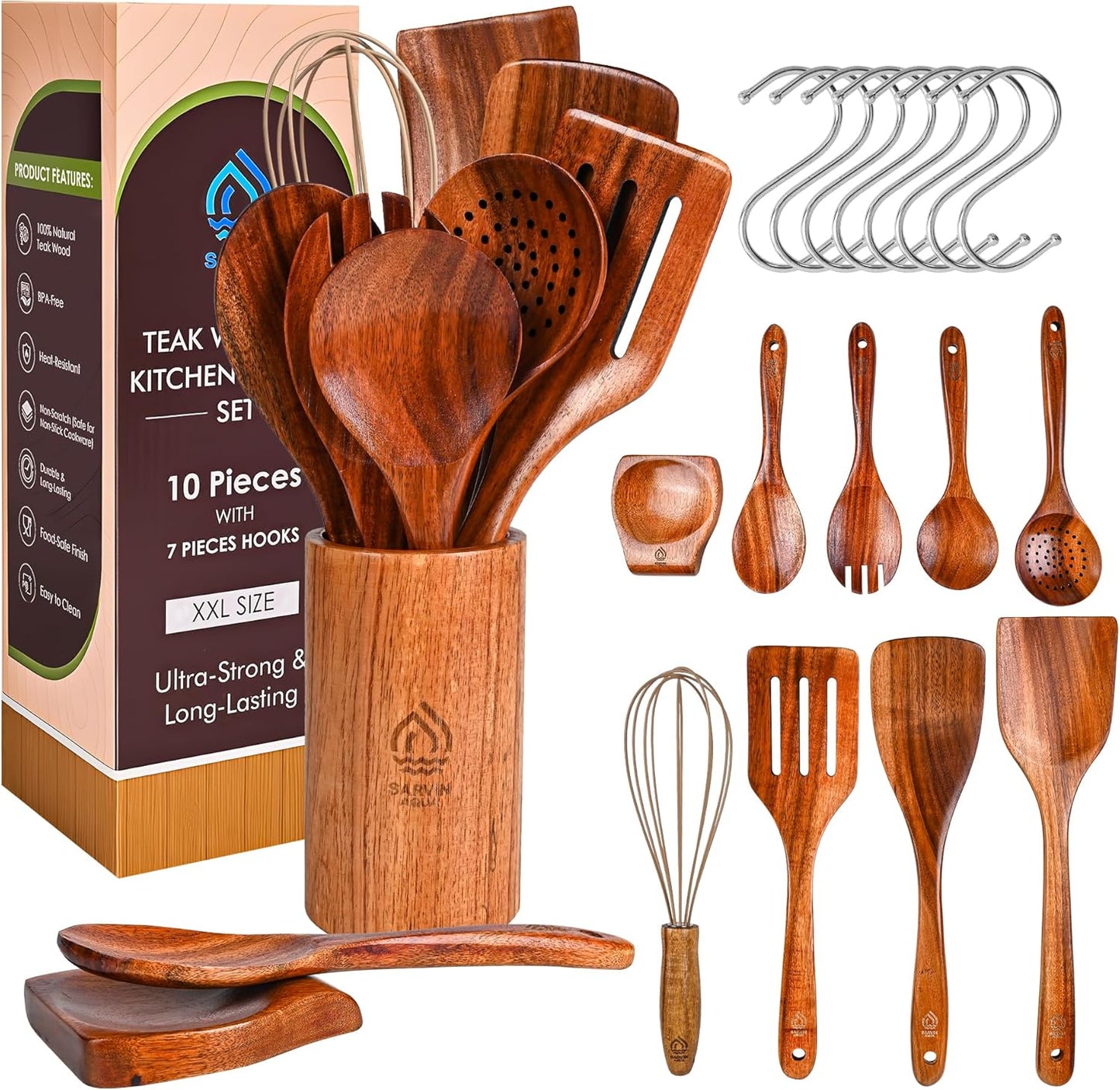 Set 10 Pzas Utensilios Cocina Madera Teca con Soporte