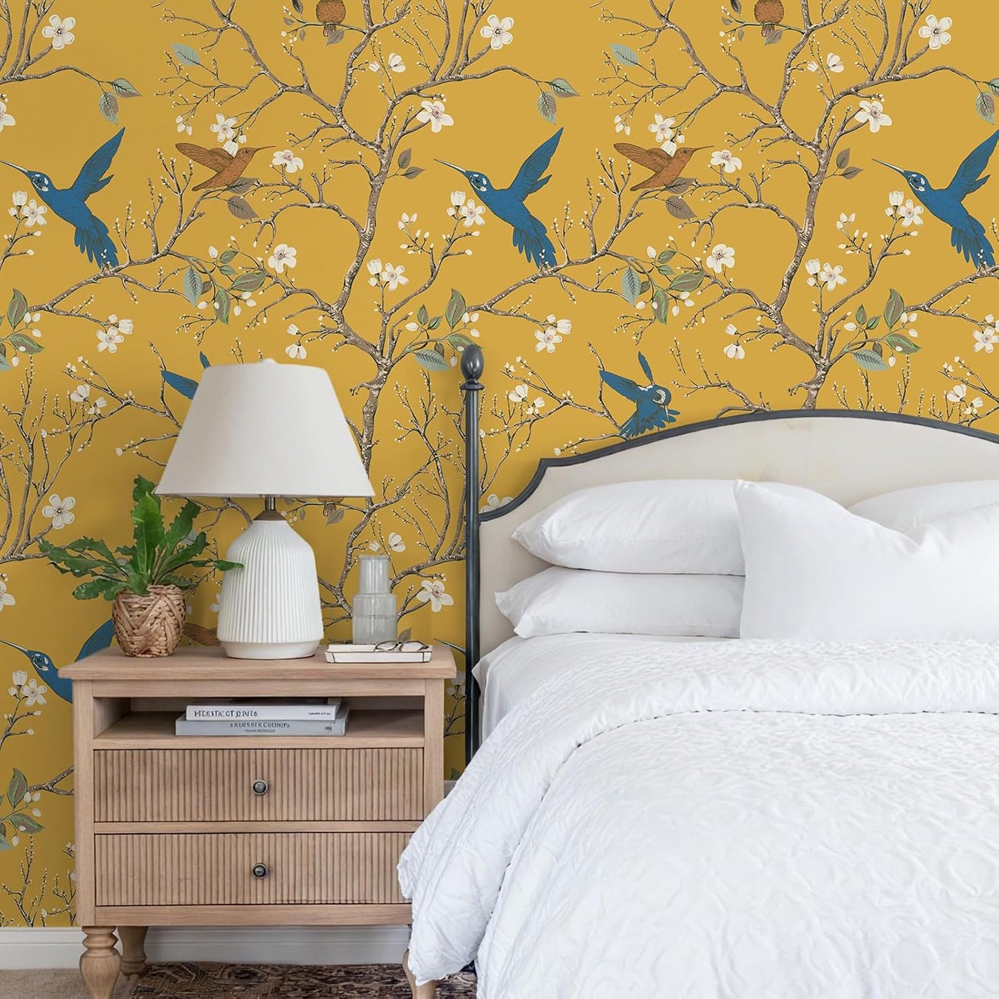 Papel tapiz autoadhesivo diseño pájaros y floral amarillo