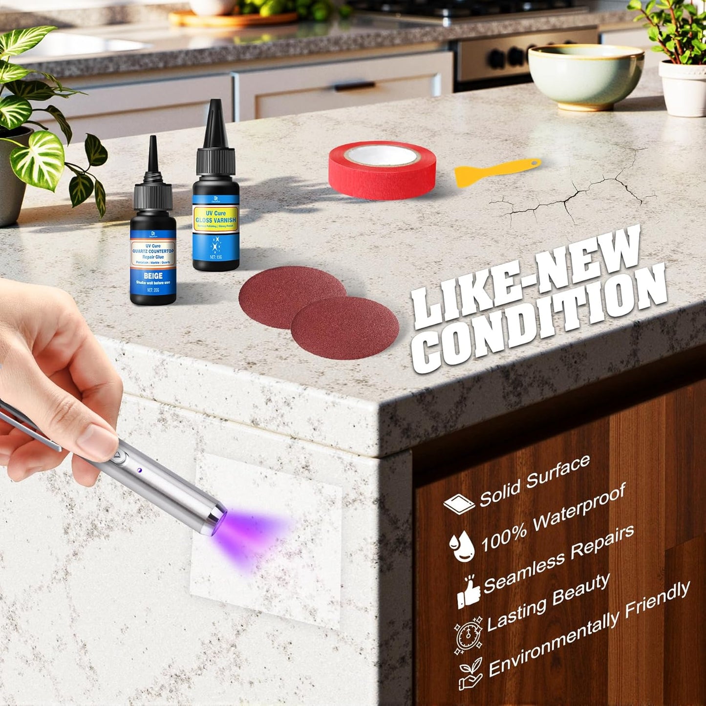 Kit reparación encimera cuarzo granito mármol 4 colores