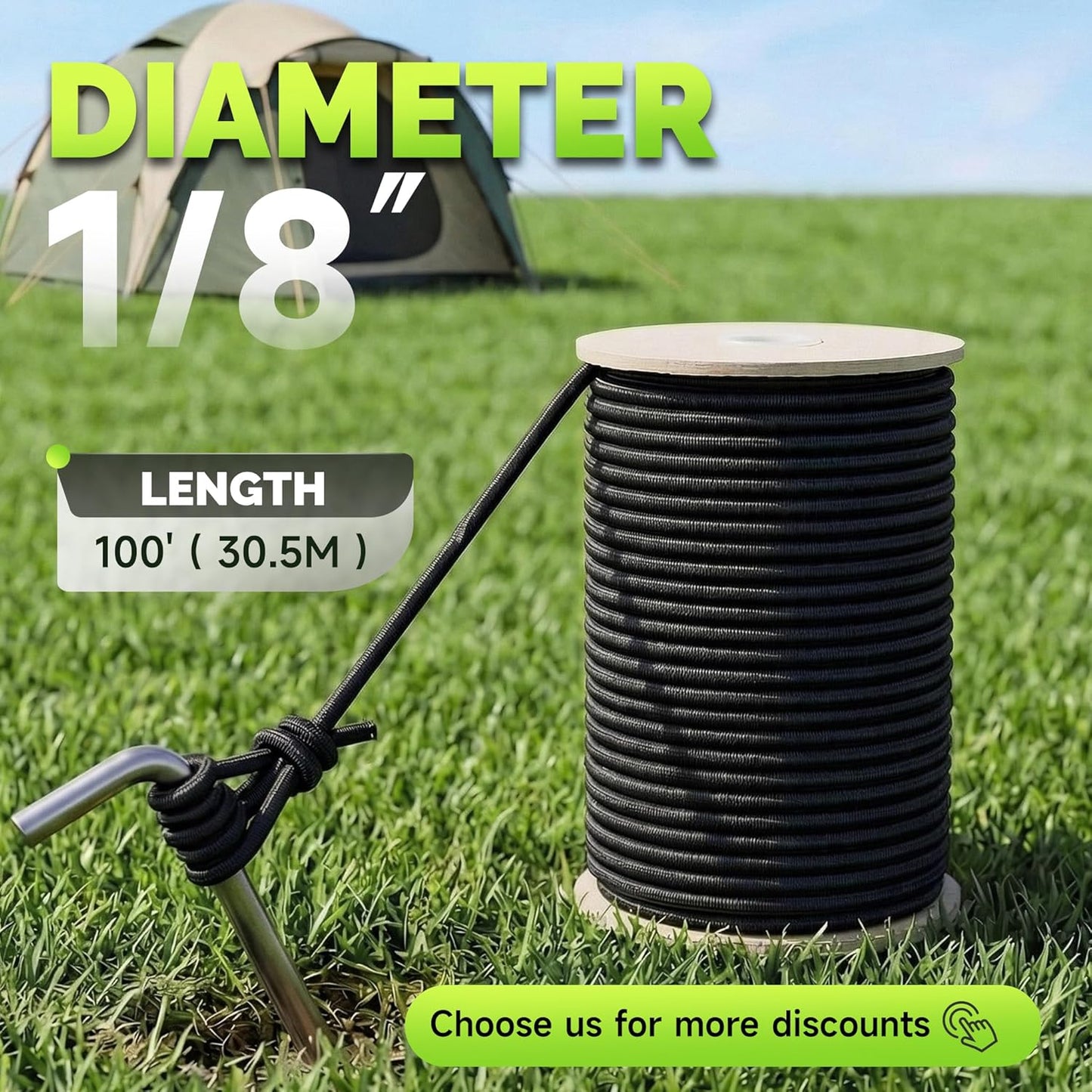 Rollo cuerda elástica marino 1/8pulg x100ft negro poliéster látex