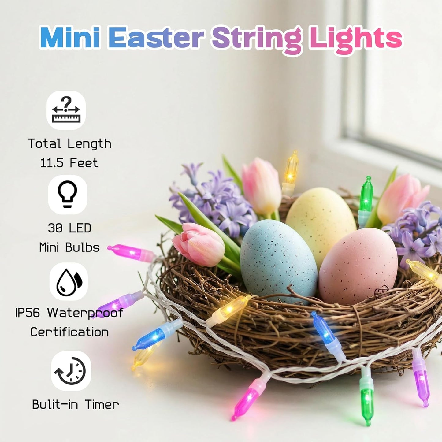 30 Luces LED Pascua 11.5pulg Pastel 8 Modos Impermeable