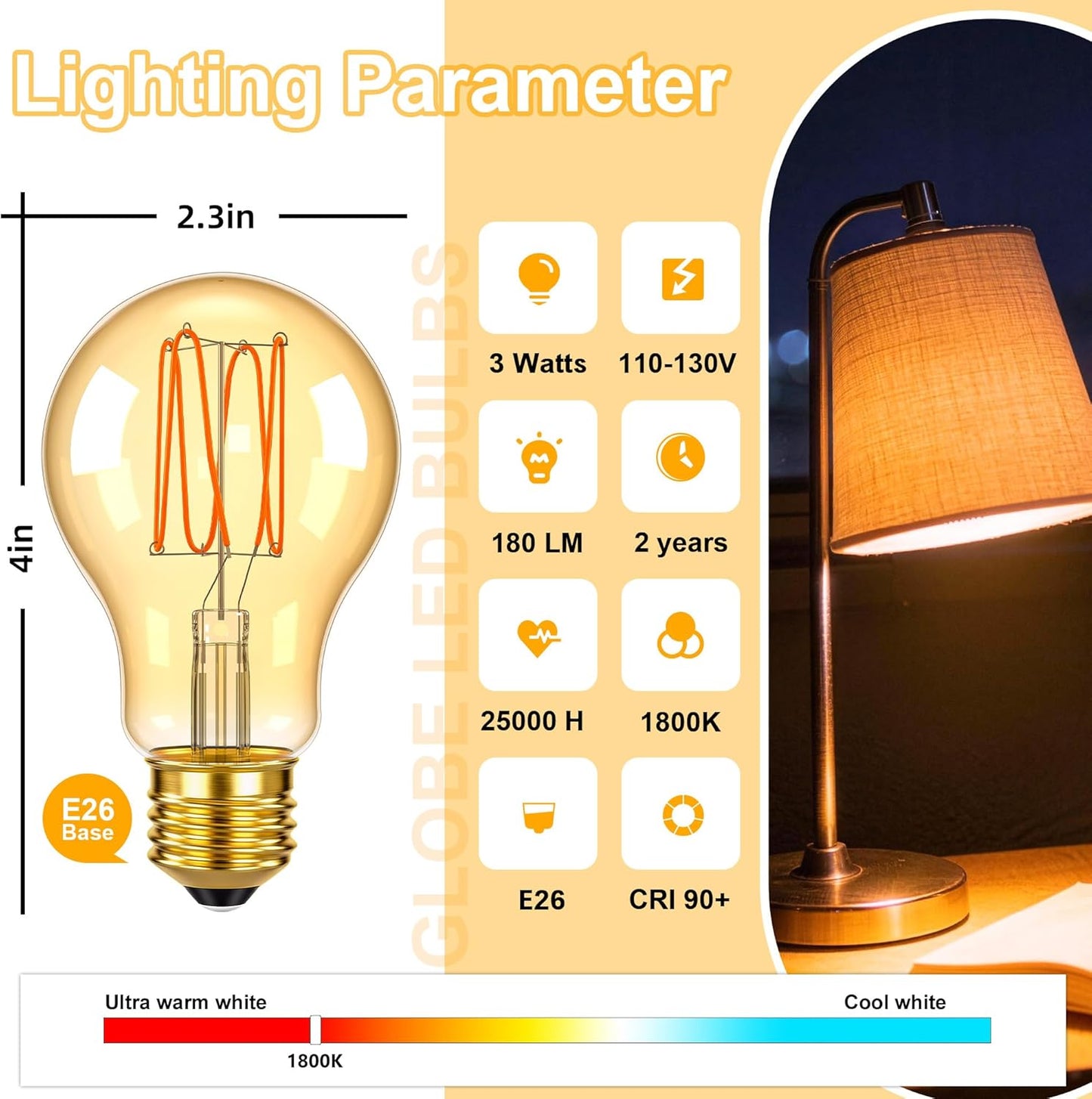 Bombilla LED Edison A19 ámbar 25W 1800K paquete 4
