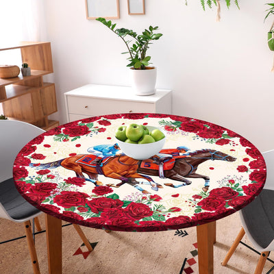 Mantel redondo ajustable con borde elástico para fiesta de carreras de caballos de rosas