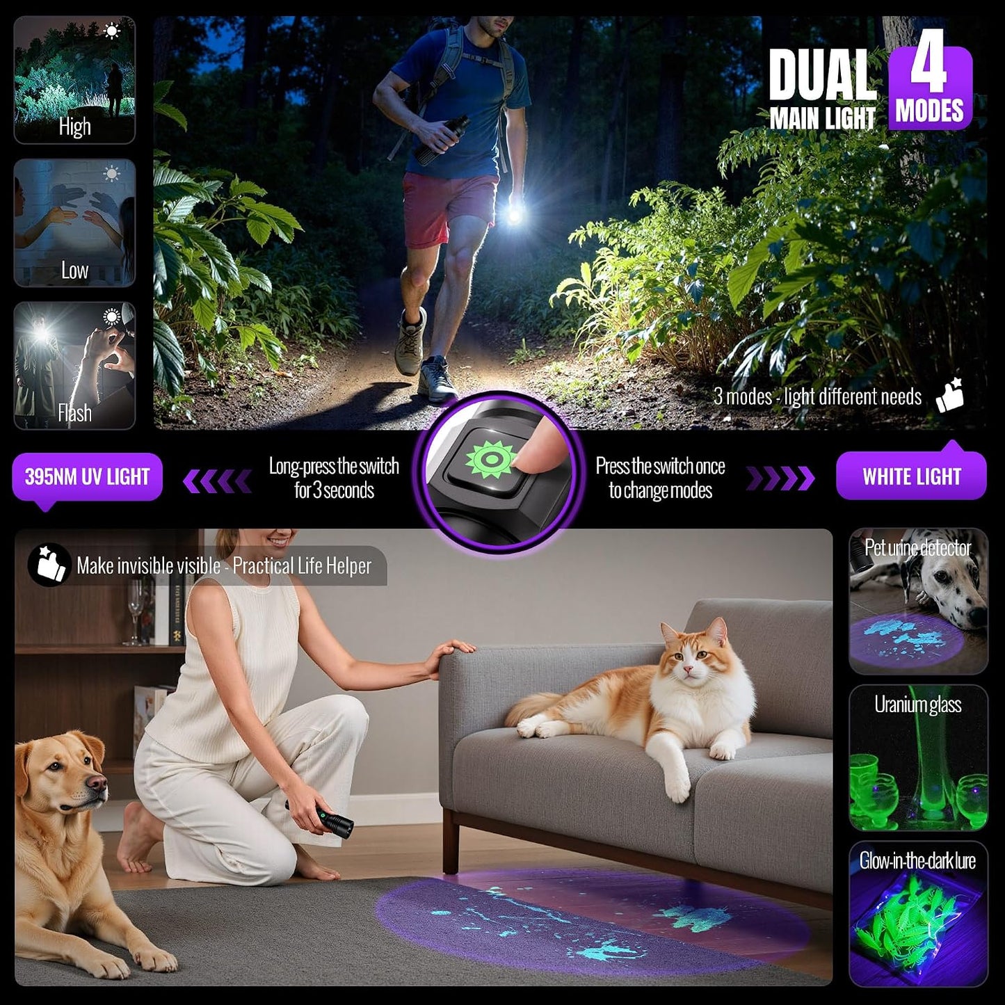 Linterna 3en1 UV 395nm recargable USB luces negras portátiles
