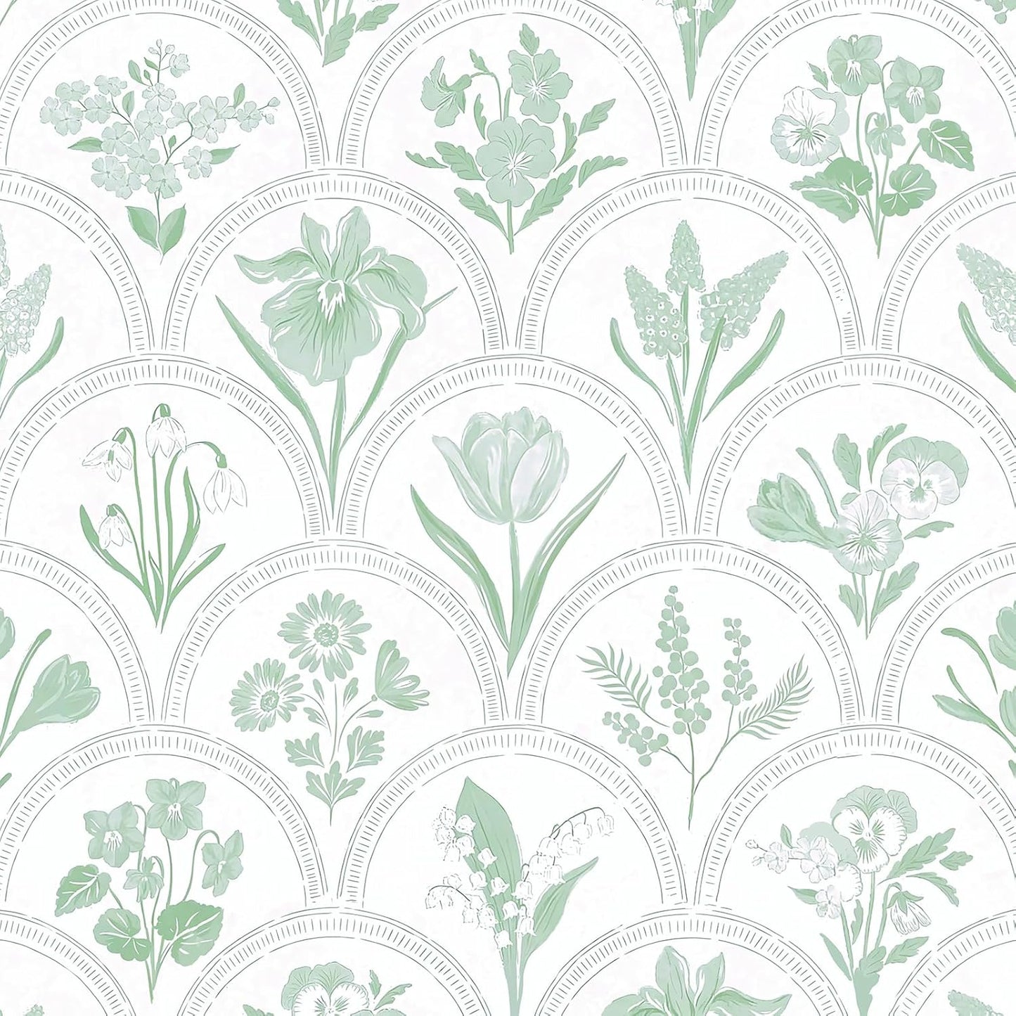 Papel tapiz autoadhesivo floral blanco y verde 16.9x196.8pulg