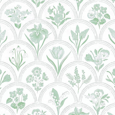 Papel tapiz autoadhesivo floral blanco y verde 16.9x196.8pulg