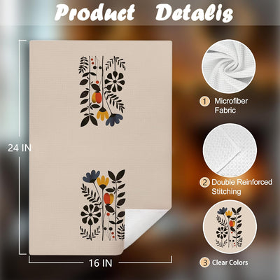 Juego de 2 toallas de cocina neutras con estampado floral estilo bohemio beige