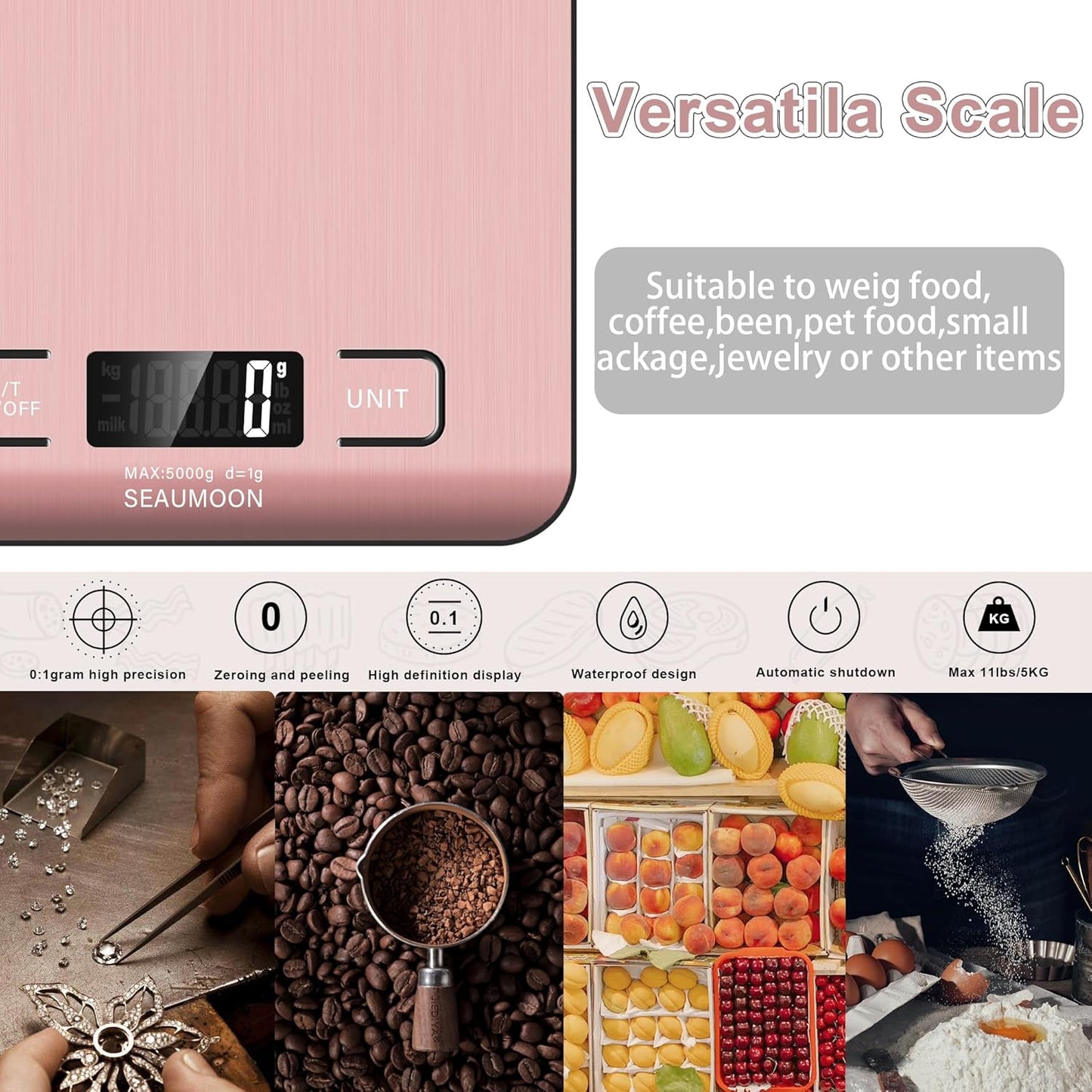 Báscula cocina acero inox 11lb pantalla LCD tara rosa