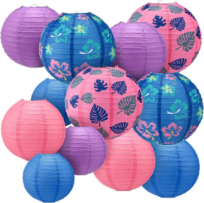 12 Faroles Hawaianos Animación Papel Morado Azul Rosa