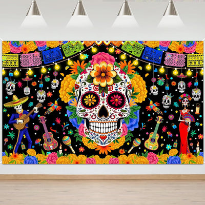 Telón Día de los Muertos 6x3.6pies calavera flores