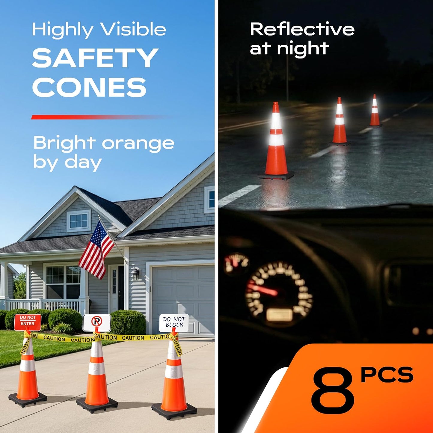 Paquete 8 conos tráfico 28pulg cinta 330ft letreros naranjas altos