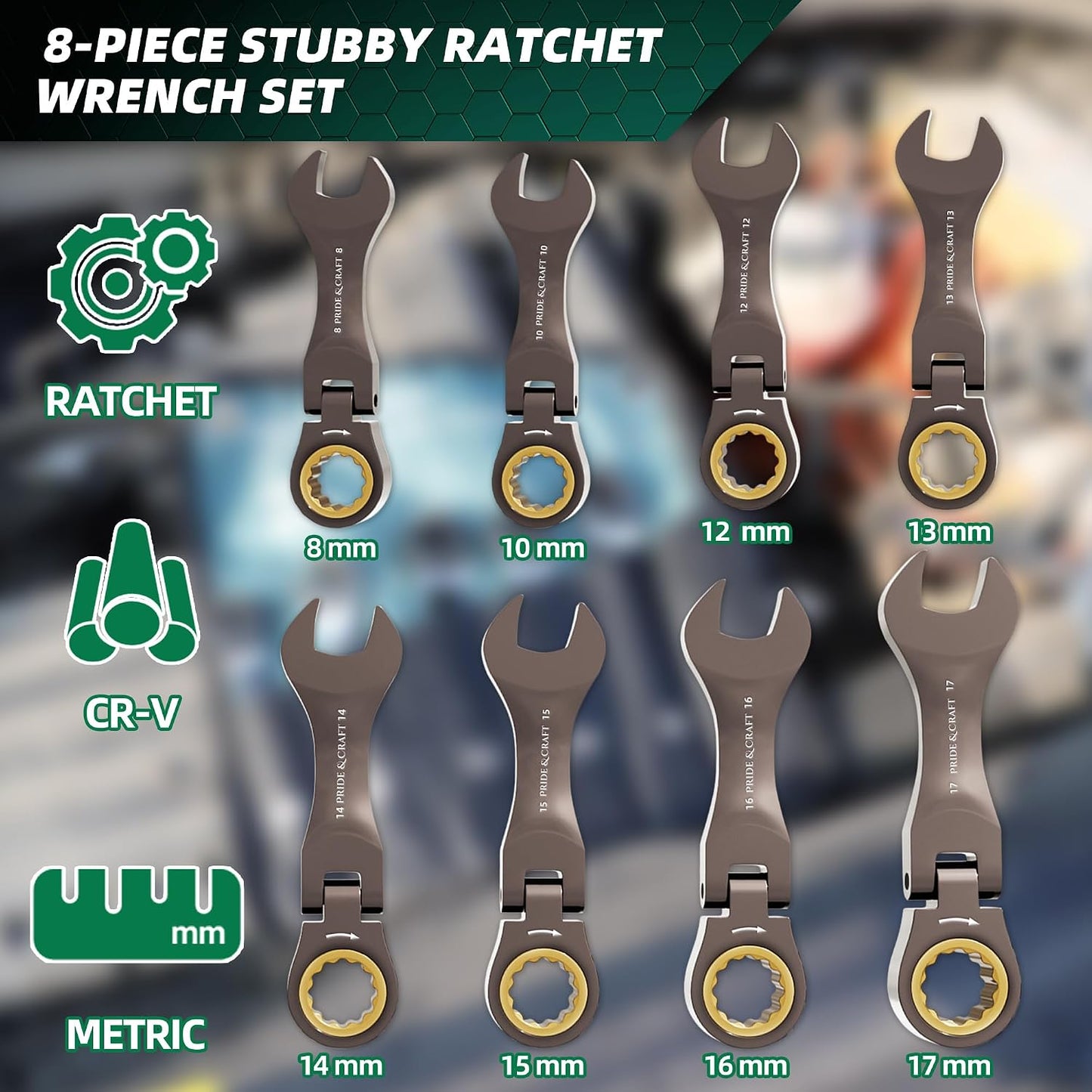 Set 8 Pzas llave combinada flex 8-17mm CRV níquel