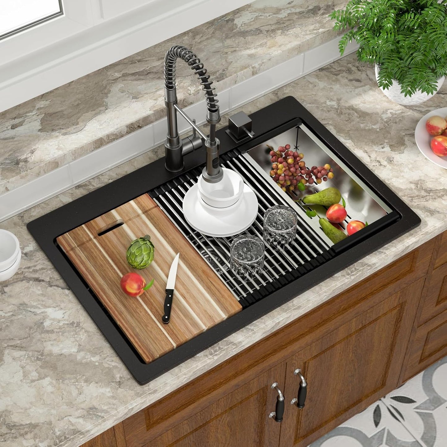 Fregadero cocina 33x22pulg granito cuarzo negro