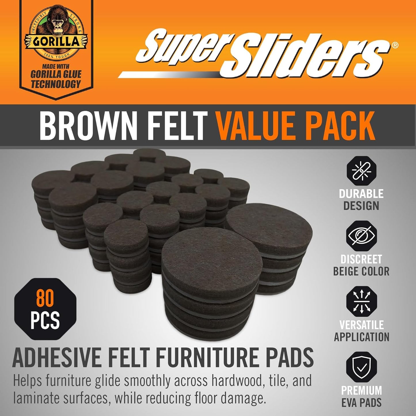 Deslizadores fieltro Gorilla Glue para muebles 80 unidades marrón
