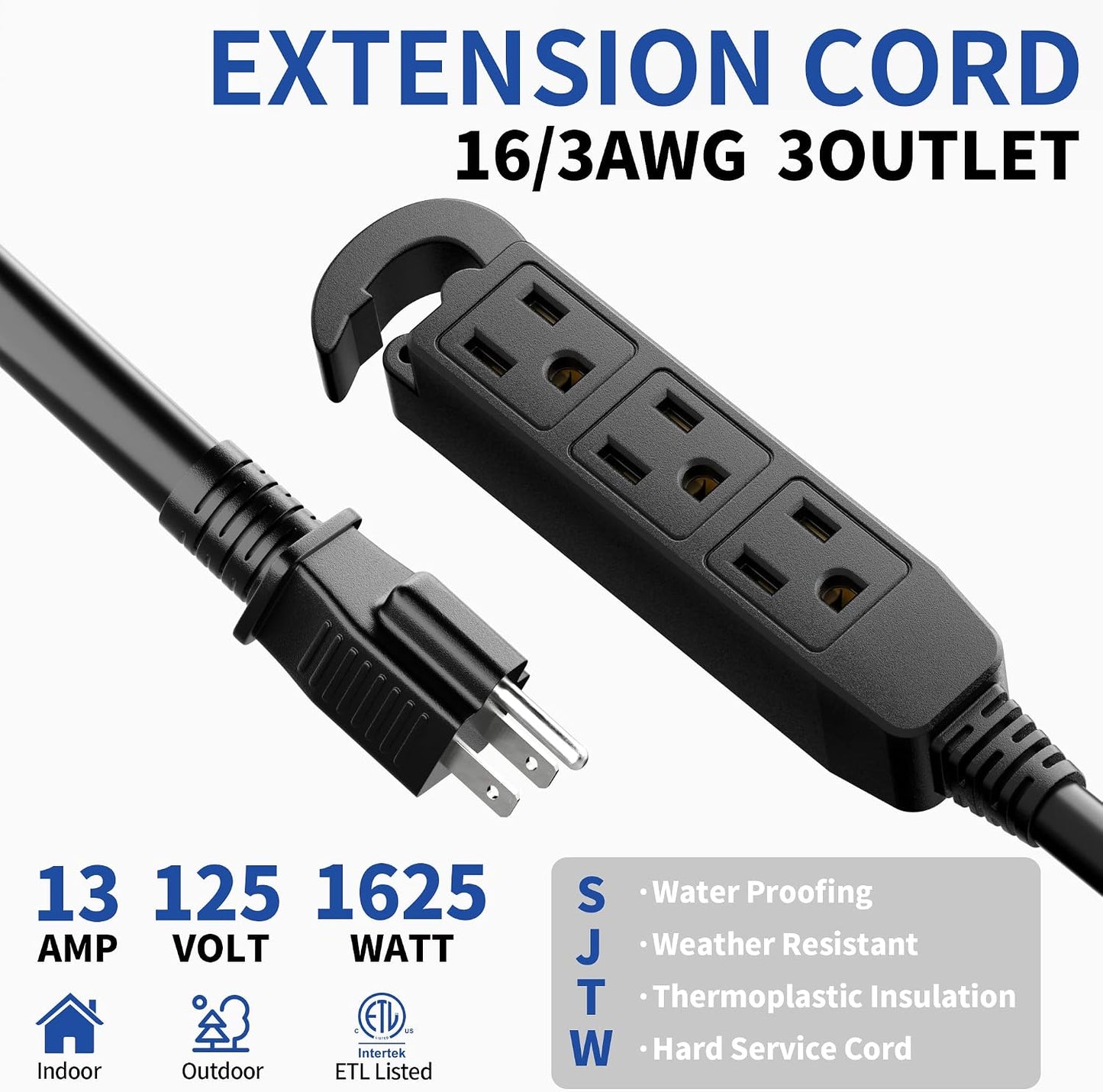 Cable extensión exterior 50ft 3 tomas impermeable