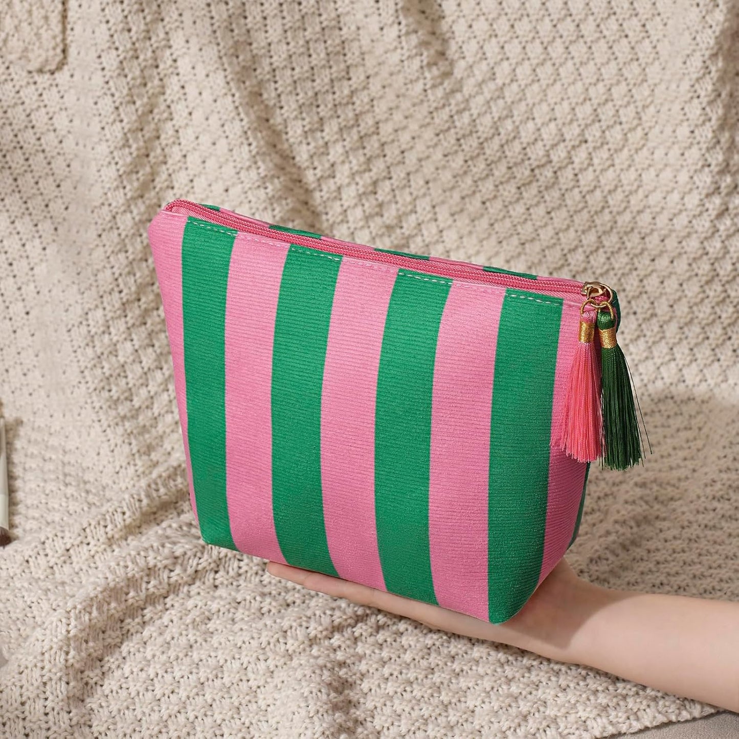 Bolsa maquillaje viaje pana patrón oso lazo con cremallera rosa