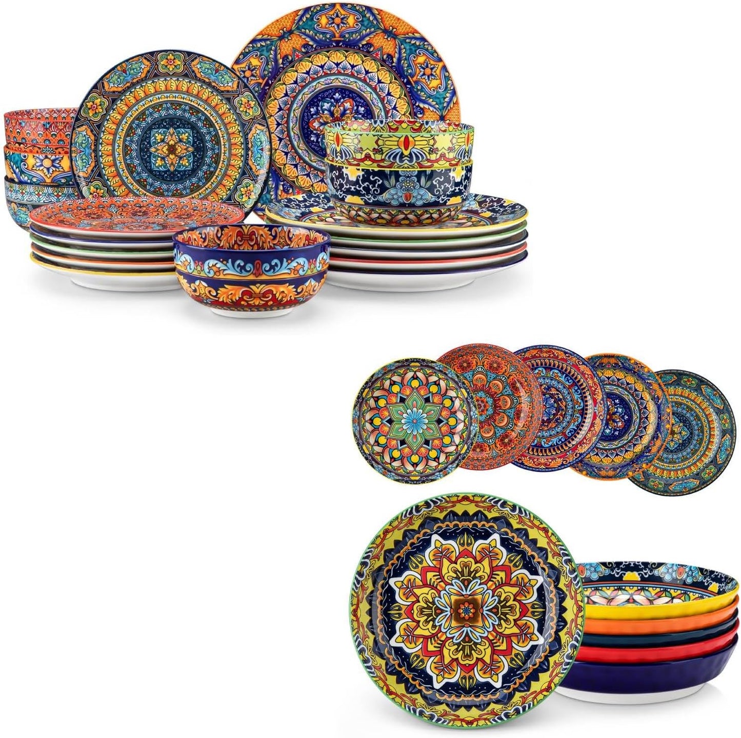 Set 18 Pzas Vajilla y 6 Tazones Sopa Porcelana Colorida 32oz