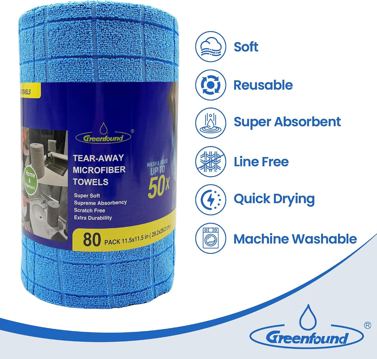 80 Pzas Rollo Microfibra Absorbente 11.5x11.5pulg Cuadros Azules