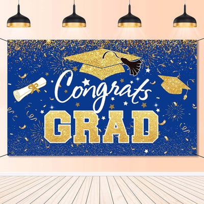 Telón fondo graduación azul y dorado 2025 decoración pared