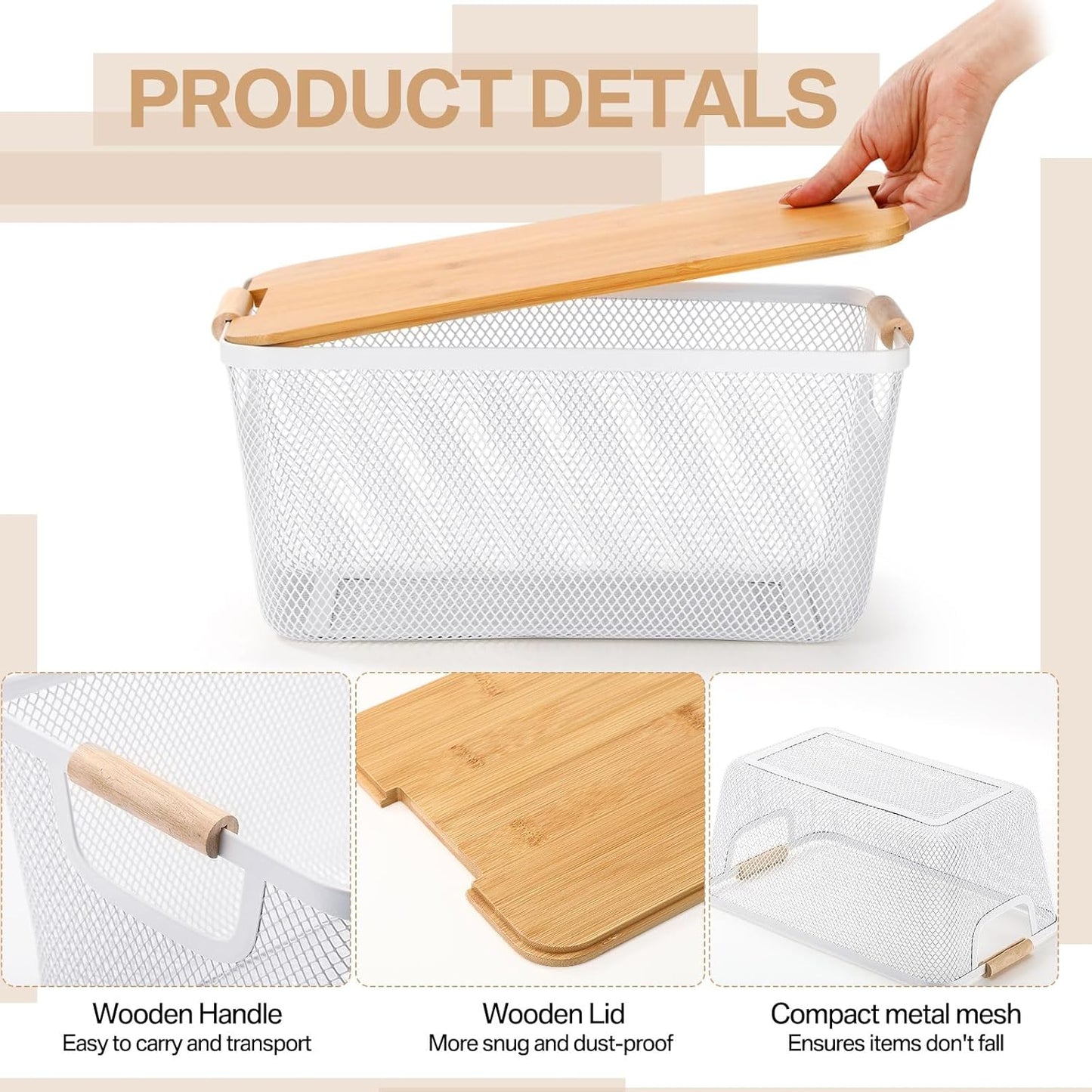 Cestas de alambre blanco con asas de madera y tapas de bambú 14.37 x 8.58 x 6.5 pulgadas