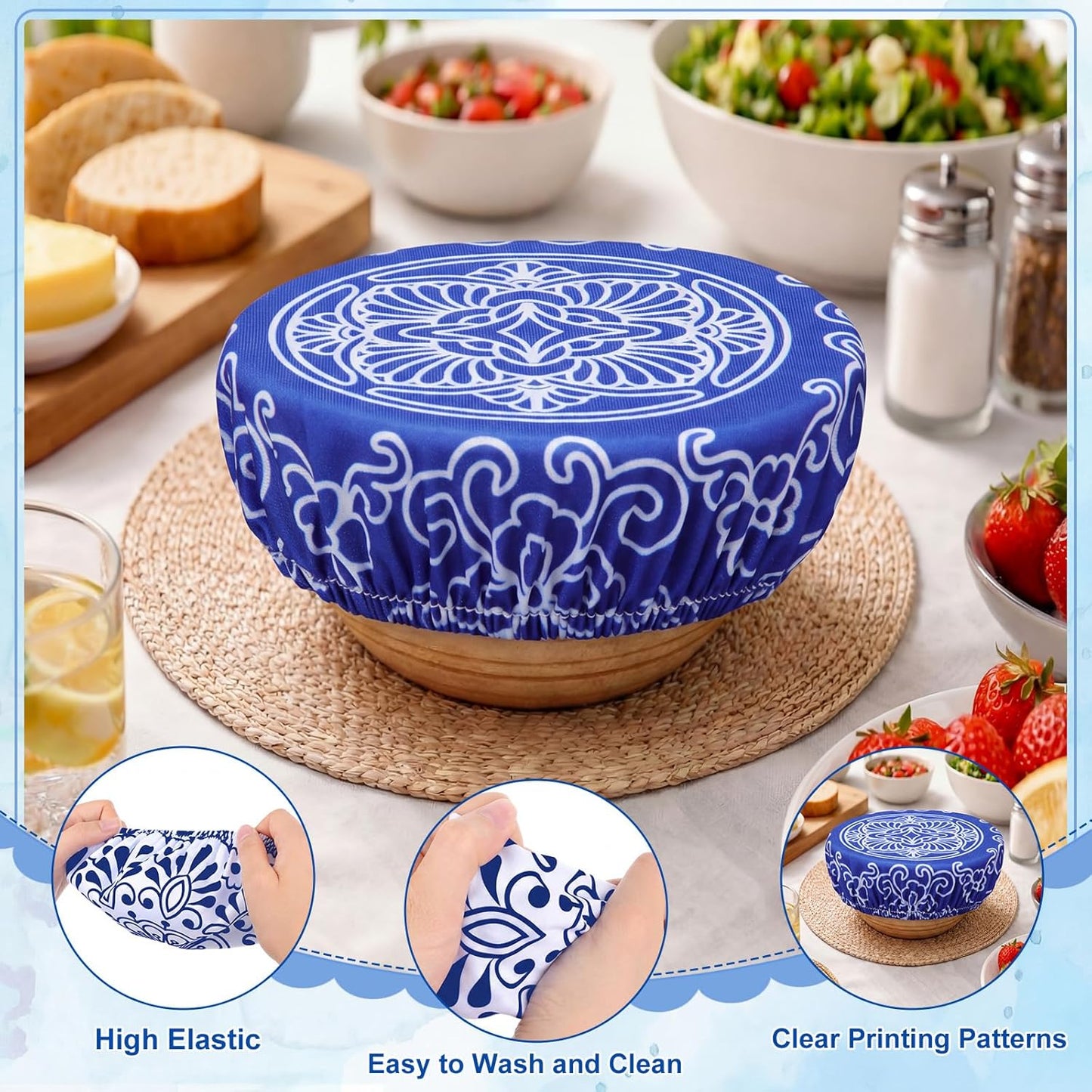 Fundas florales azul y blanco para tazones tela elástica