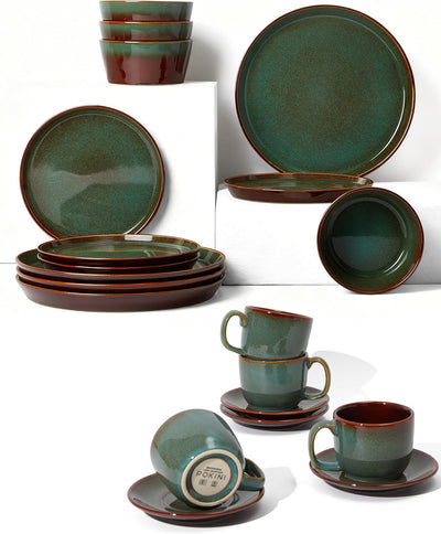 Set 16 Pzas Vajilla Tazas Café Platillos Marrón Verde