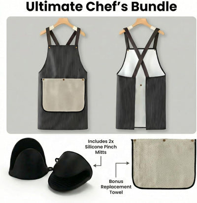 Delantal de cocina con toalla desmontable guantes negros babero a rayas impermeable bolsillo canguro correa ajustable
