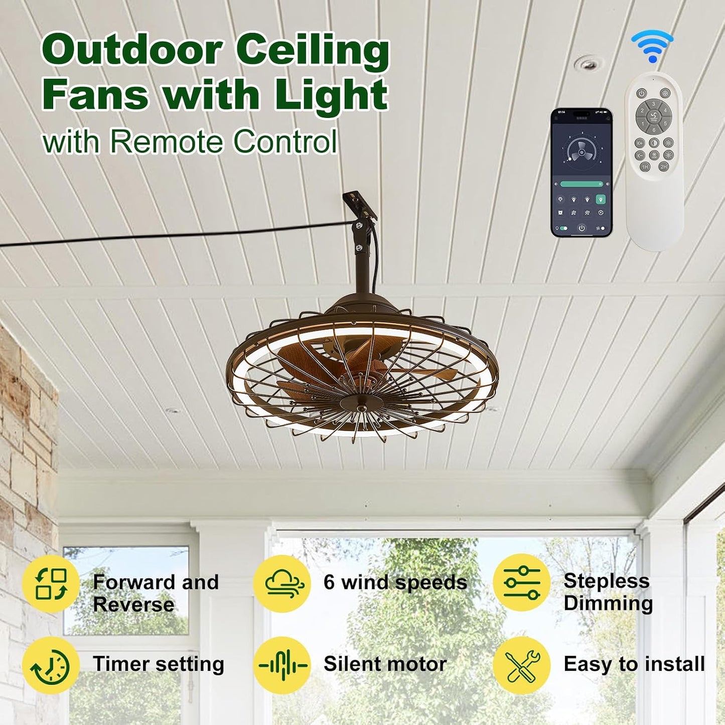 Ventilador techo exterior con luz IP65 20pulg control app dimmable