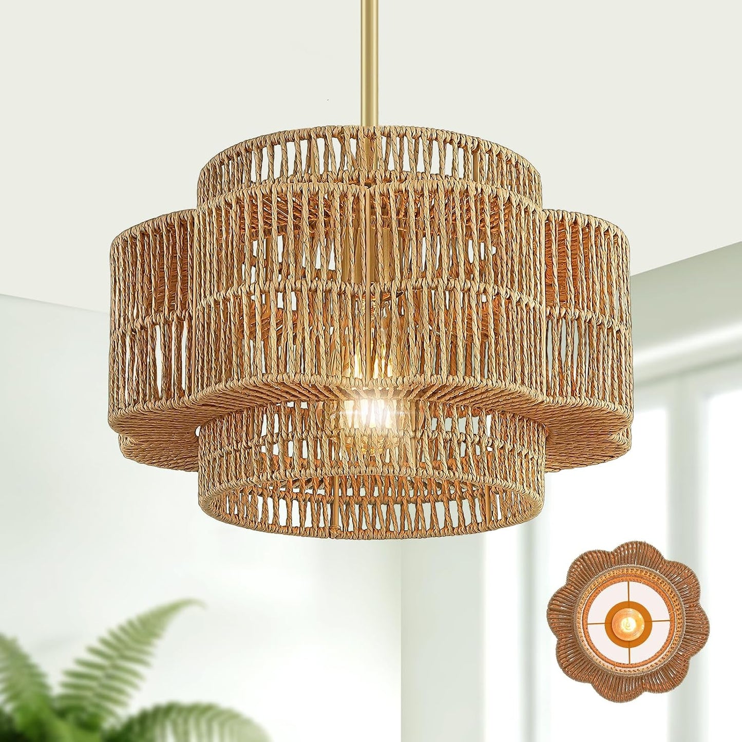 Candelabro bohemio ratán 13pulg lámpara colgante pétalo rústica