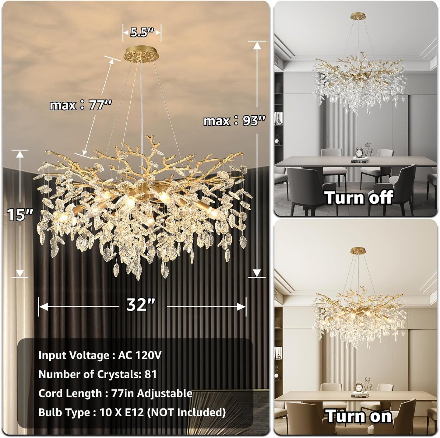 Candelabro cristal moderno 32pulg 10 luces dorado sala comedor