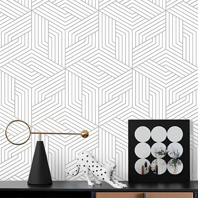 Papel tapiz geométrico gris y blanco autoadhesivo para baño