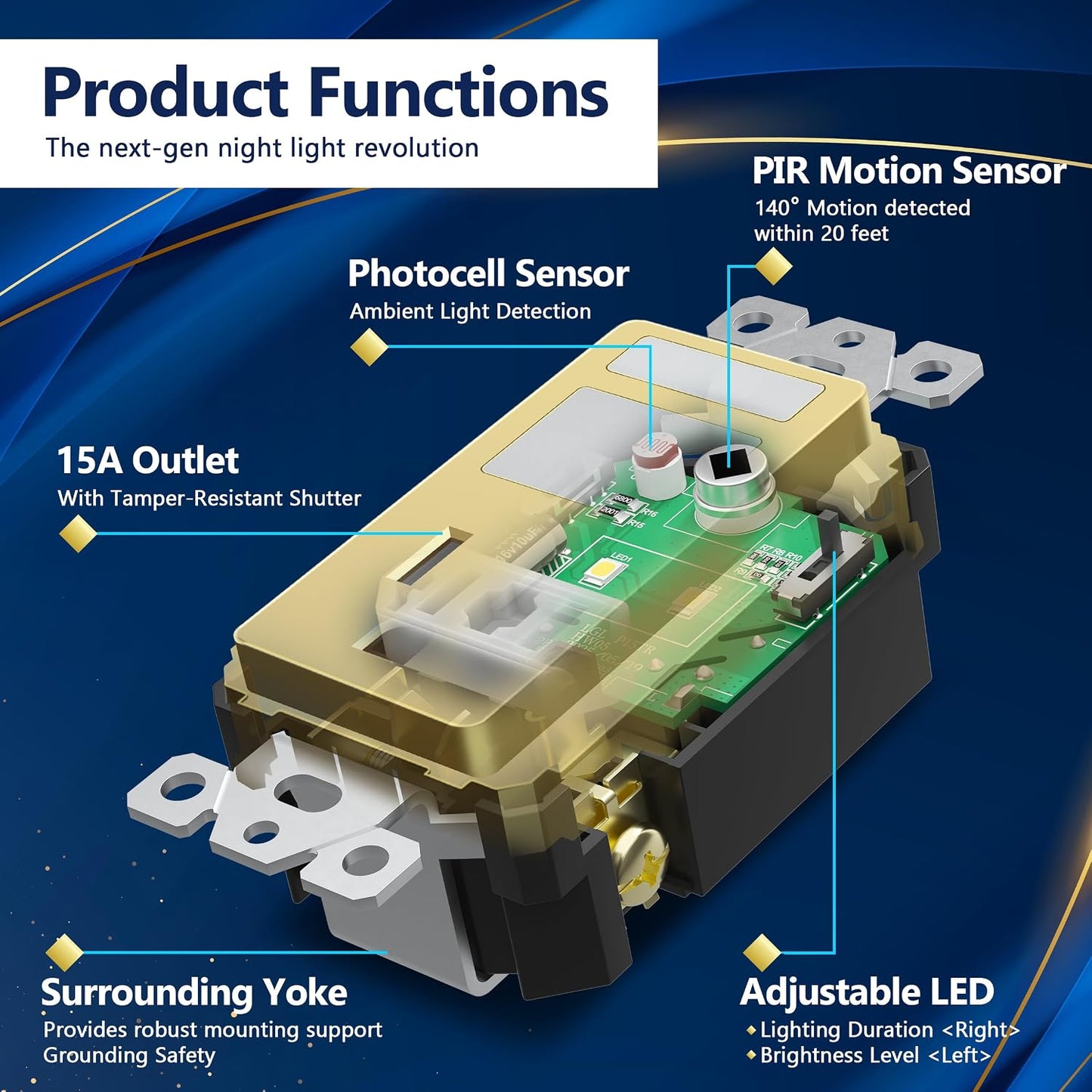 Toma corriente 15A con luz LED sensor movimiento