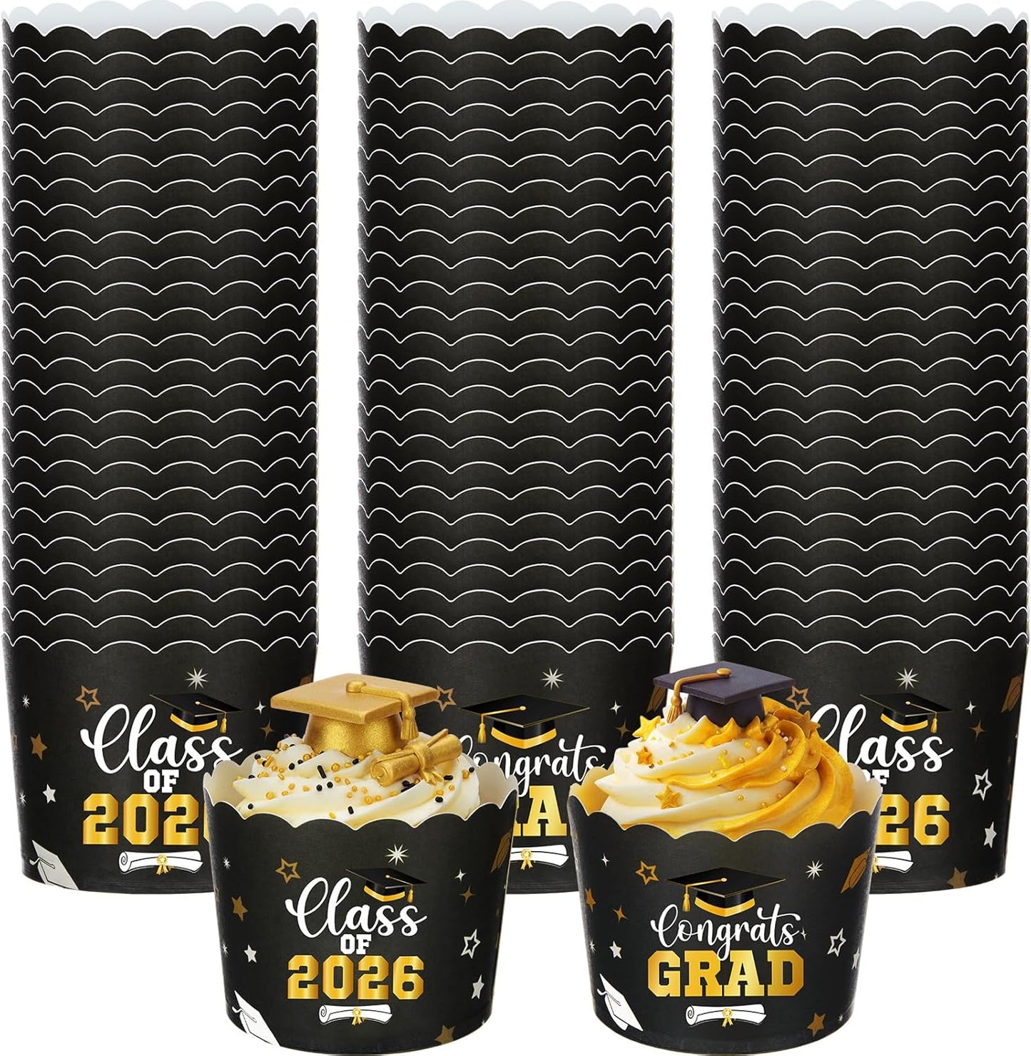 Forros para cupcakes graduación 2026 papel negro y dorado tazas hornear felicidades