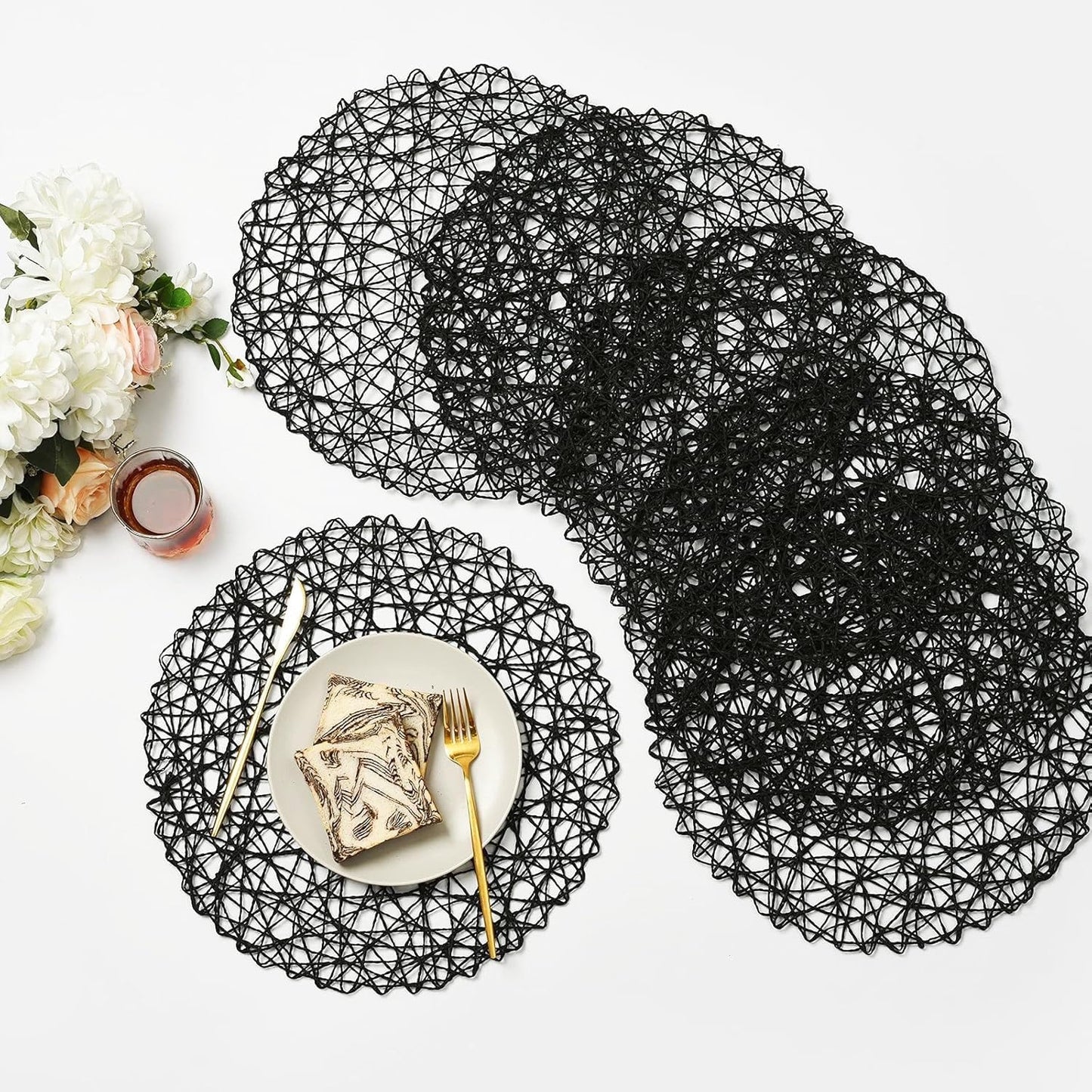 Placemat redondo negro set de 12 para mesa de comedor 13 pulgadas boho decorativo