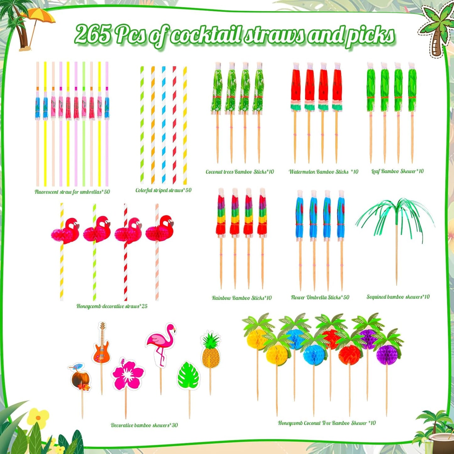265 Pzas Sombrillas Bebida Frutas Colores Tropicales