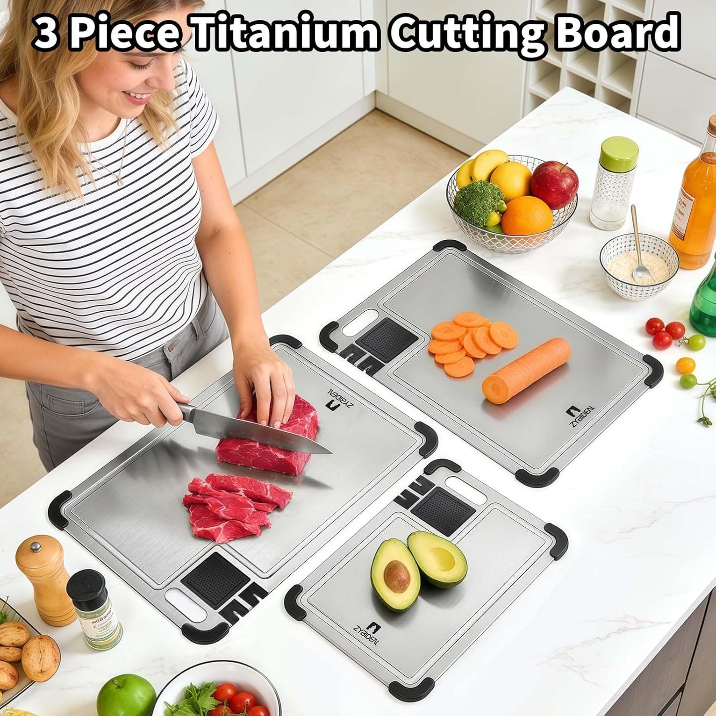 Juego de 3 tablas de cortar de titanio con afiladores duales y ranuras para jugos