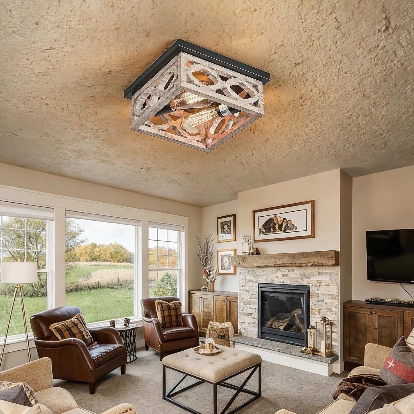 Lámpara techo estilo granja 10.5pulg 2 luces E26 blanco envejecido