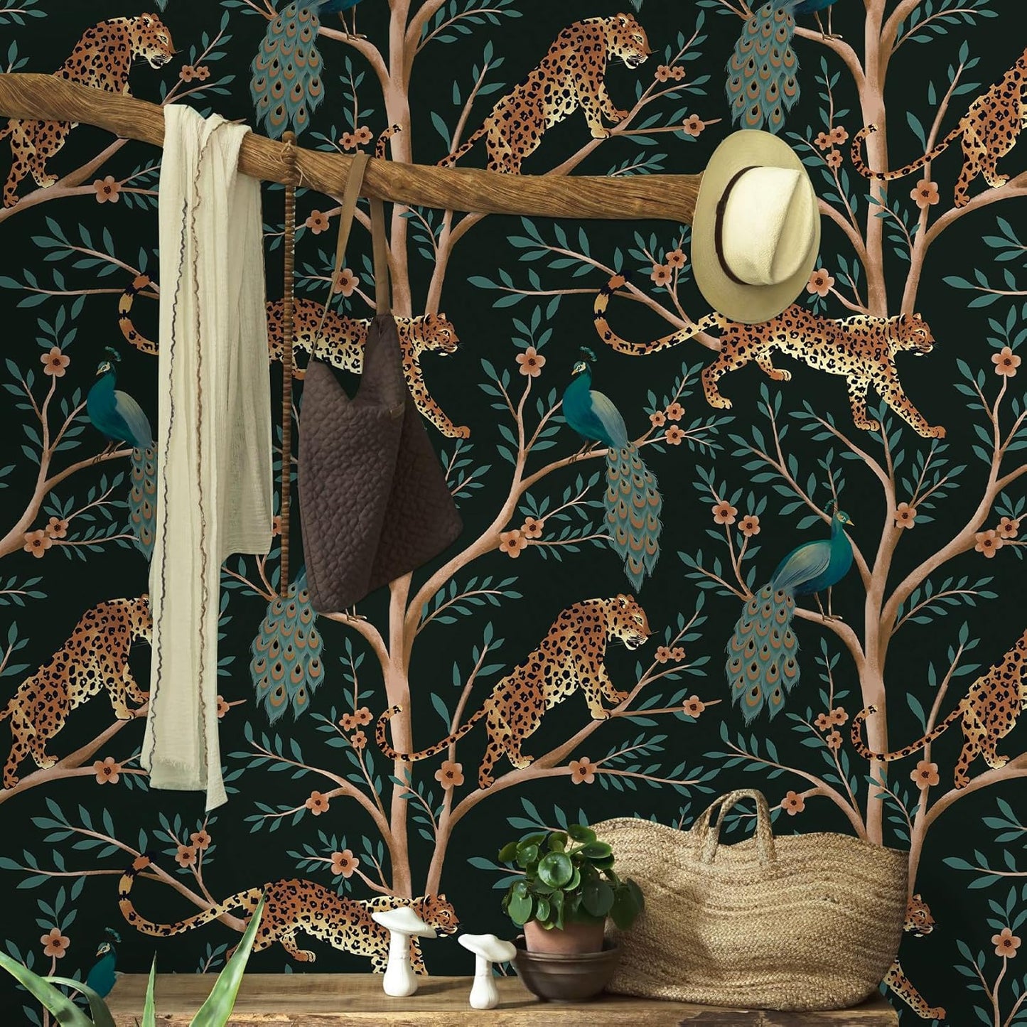 Papel tapiz leopardo bohemio selva 17.3x9.8pulg