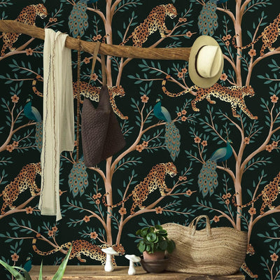 Papel tapiz leopardo bohemio selva 17.3x9.8pulg