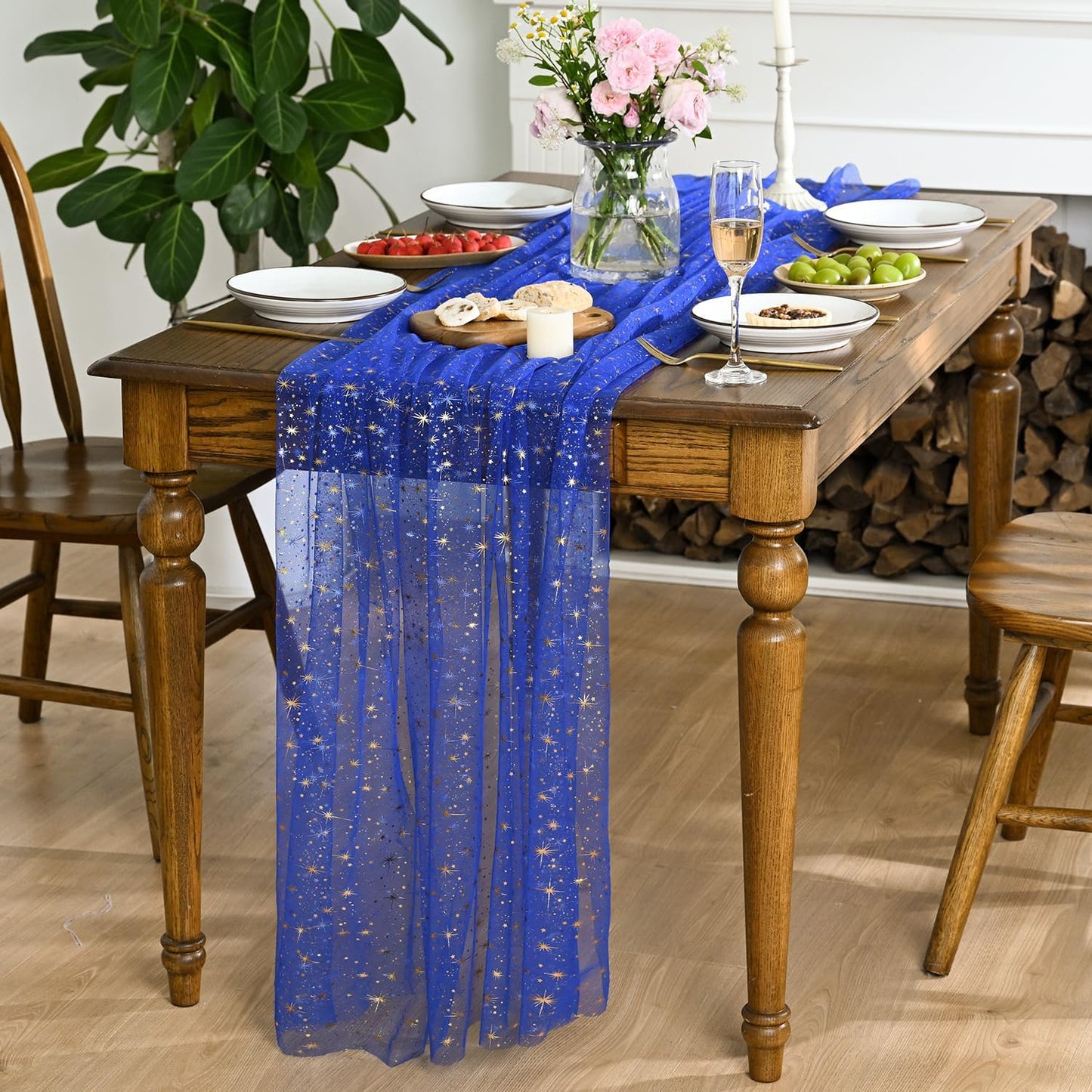 Mantel Gasa Azul Real Dorado 60x140pulg con Lentejuelas