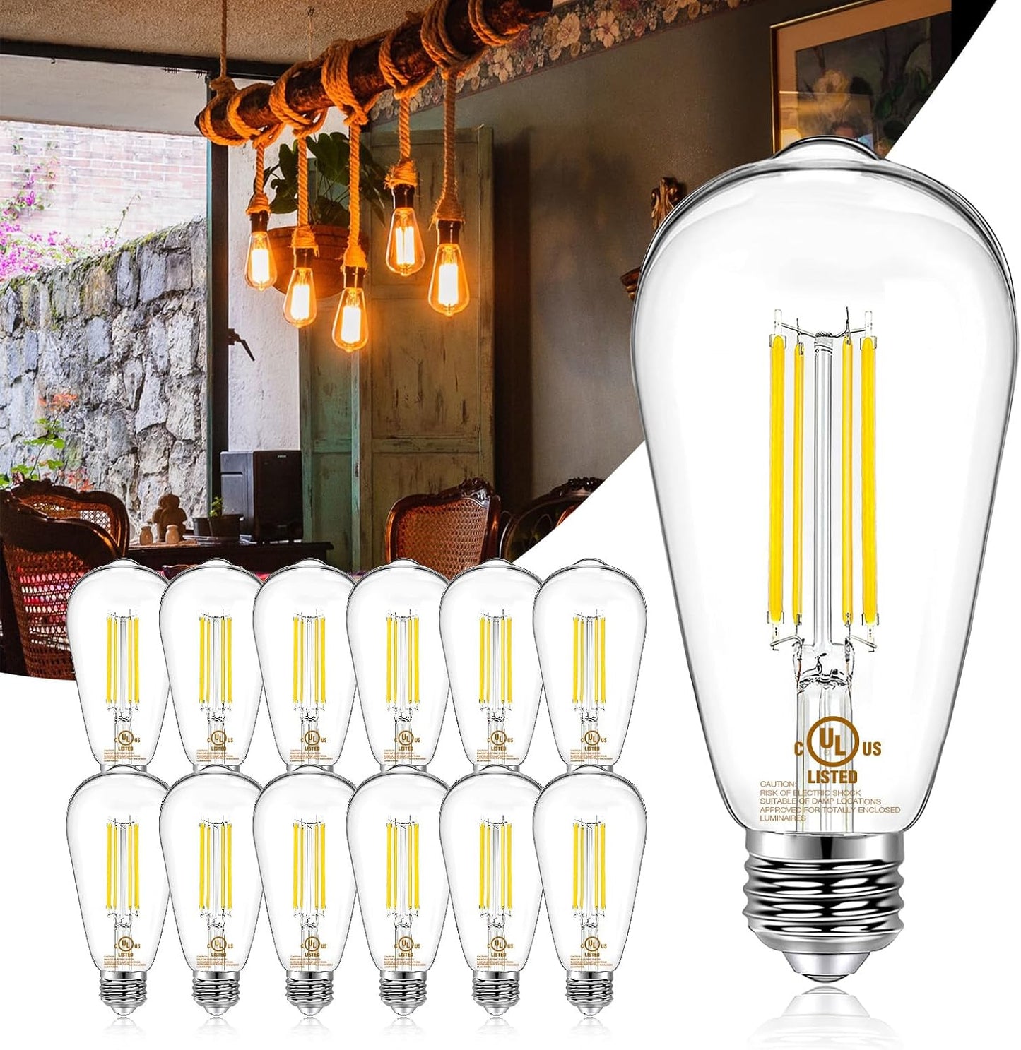 12 Pzas Bombillas LED Edison E26 60W 2700K ST58