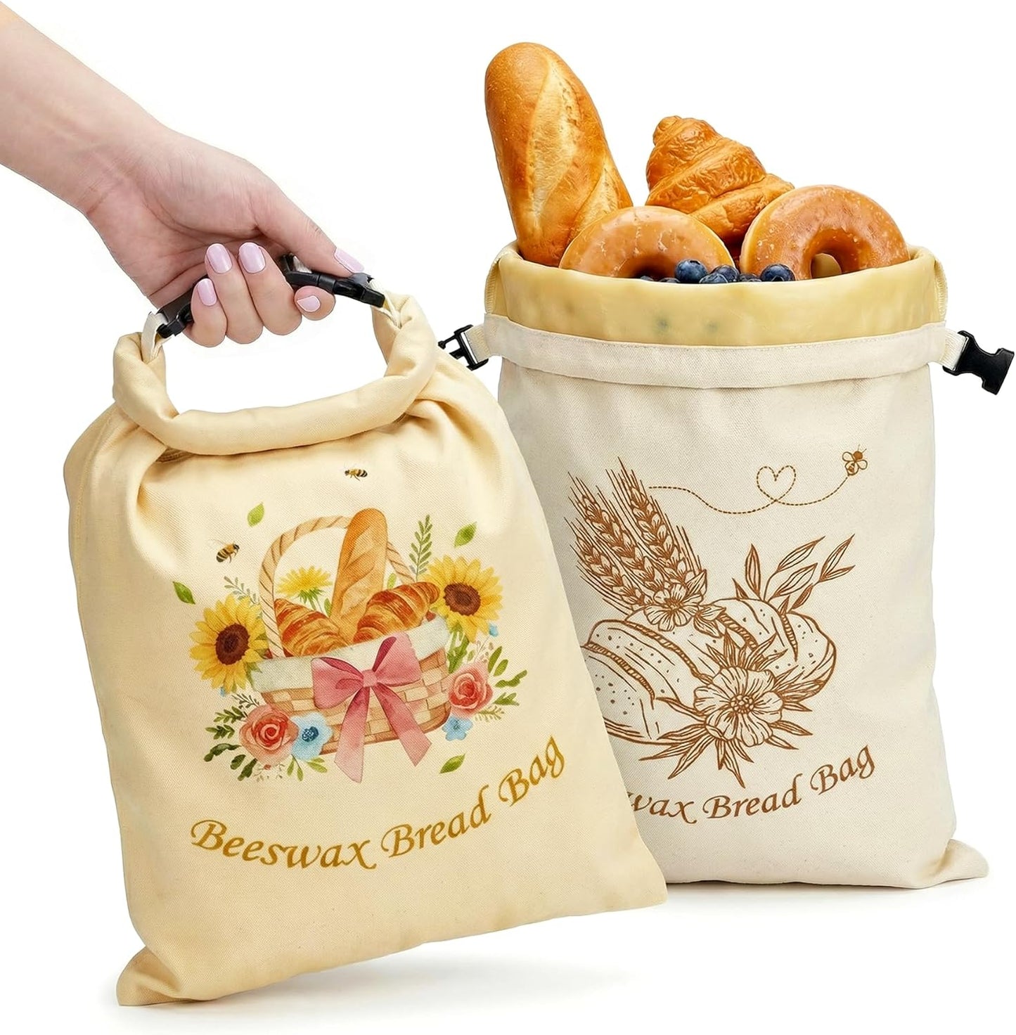Paquete de 2 bolsas de pan reutilizables con forro de cera de abeja XL