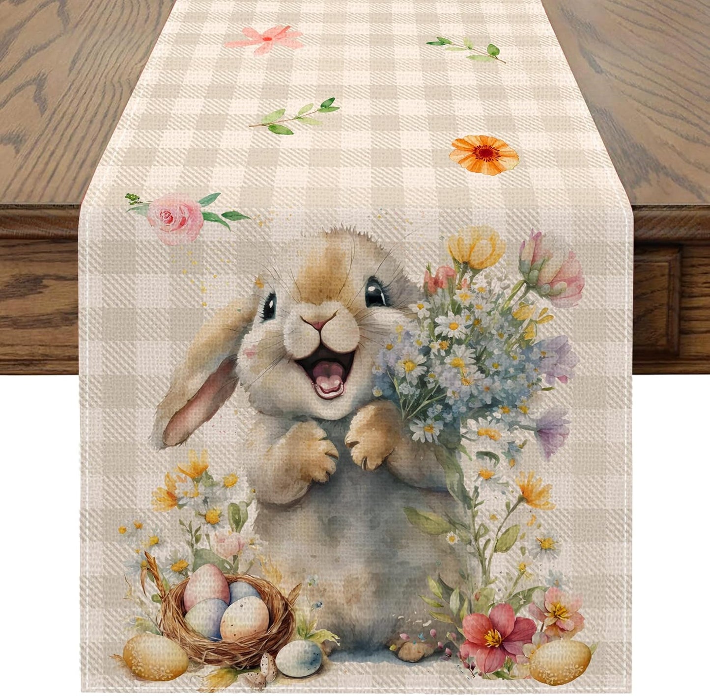 Camino de mesa de Pascua 13 x 72 pulgadas con decoración de conejo y huevos